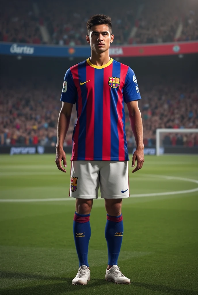 Make me an image of what a uniform between Real Madrid and Barcelona would look like , I want it to be a uniform that has a mix between the two teams 