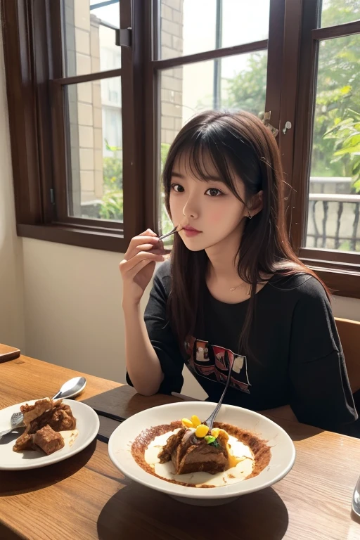 18-year-old,(((Homeless))),Korean women,Tasty looking porridge,eating, ((With bangs,Straight medium bob cut, Nice hair)), Light makeup,Realistic Skin,Realistic texture,８k,whole body,Pale skin,Red iris,Expressionless,Glaring,Perfect Face,(((Big eyes)))