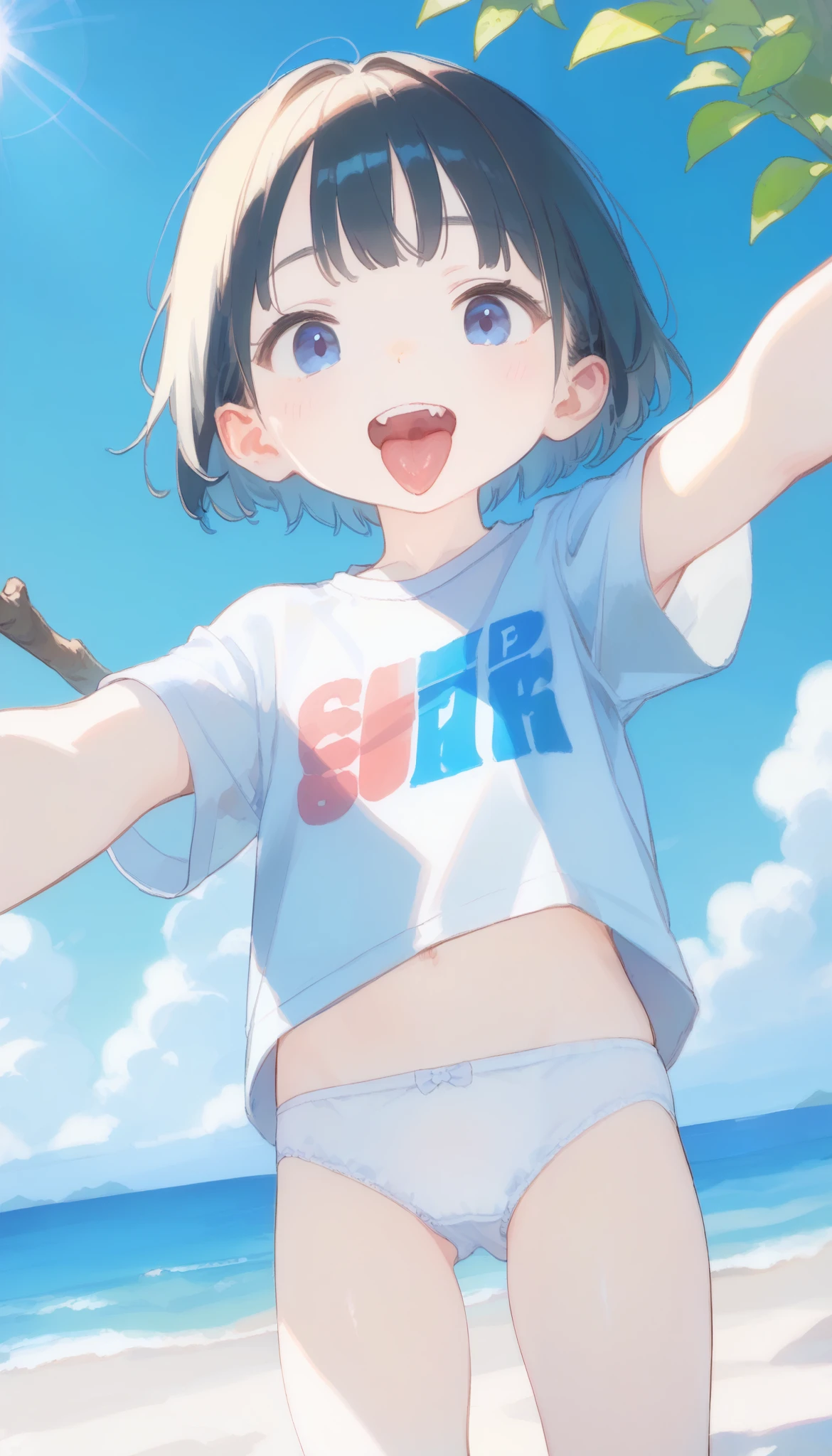 (Shota:1.5), (baggy:1.4), (White tank top:1.3), (White panties:1.3), (bulge:1.4), (Claw Pose:1.4), The wind is blowing, (((Highest quality))), (((masterpiece))), (((Super detailed))), (skinny:1.3), ((Spiked Hair)), (The wind is blowing), ((Light blue hair)), Wine red eyes, Raise your arms, ((smile)), (Open your mouth), ((Earrings)), blue sky, Grass, (Choker on neck), Underarm, Sweaty skin, ((Wet clothes)), Nipples, center, (Shooting from below),