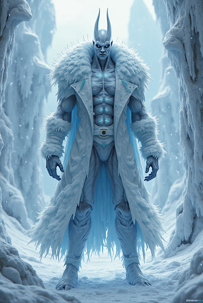 Black man ice powers. Freezing ground with hands touching floor. Ice crown