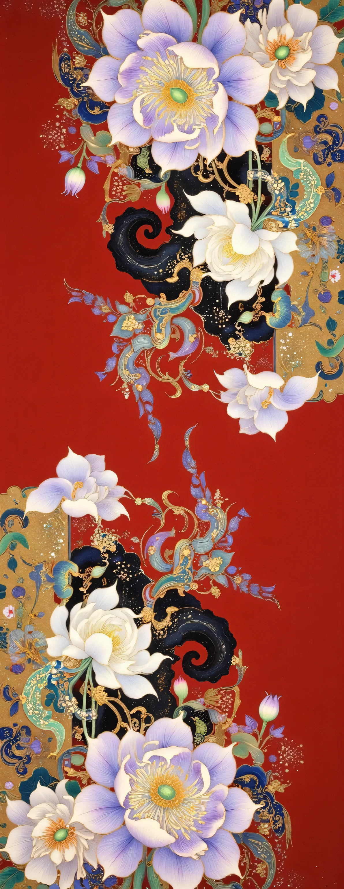 There is a painting of a building with a tower and flowers, 错综intricate painting , Oriental Fantasy, Oriental Wallpaper , oriental art nouveau , pop Japanese style 3D super detailed , Inspired by Yun Shouping, Chinese Style Painting , james jean 和 wlop, Rakib Shaw , Intricate color masterpiece, intricate painting , Inspired by Wu Hong , Inspired by Lu Guang