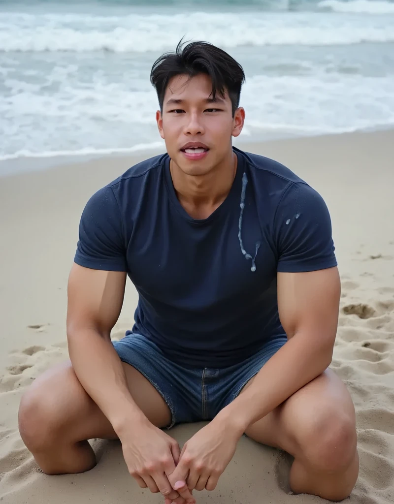 (Highest quality:1.5), (masterpiece:1.5), (8k:1.5), (Beautiful beach:1.1), (1 man:1.1), (Completely naked:1.1), 40 years old, (Huge body:1.1), penis, (shoot from below:1.2), (Asian people:1.1), shaved head, Short Beard, Having sex, (Anguished expression:1.1)