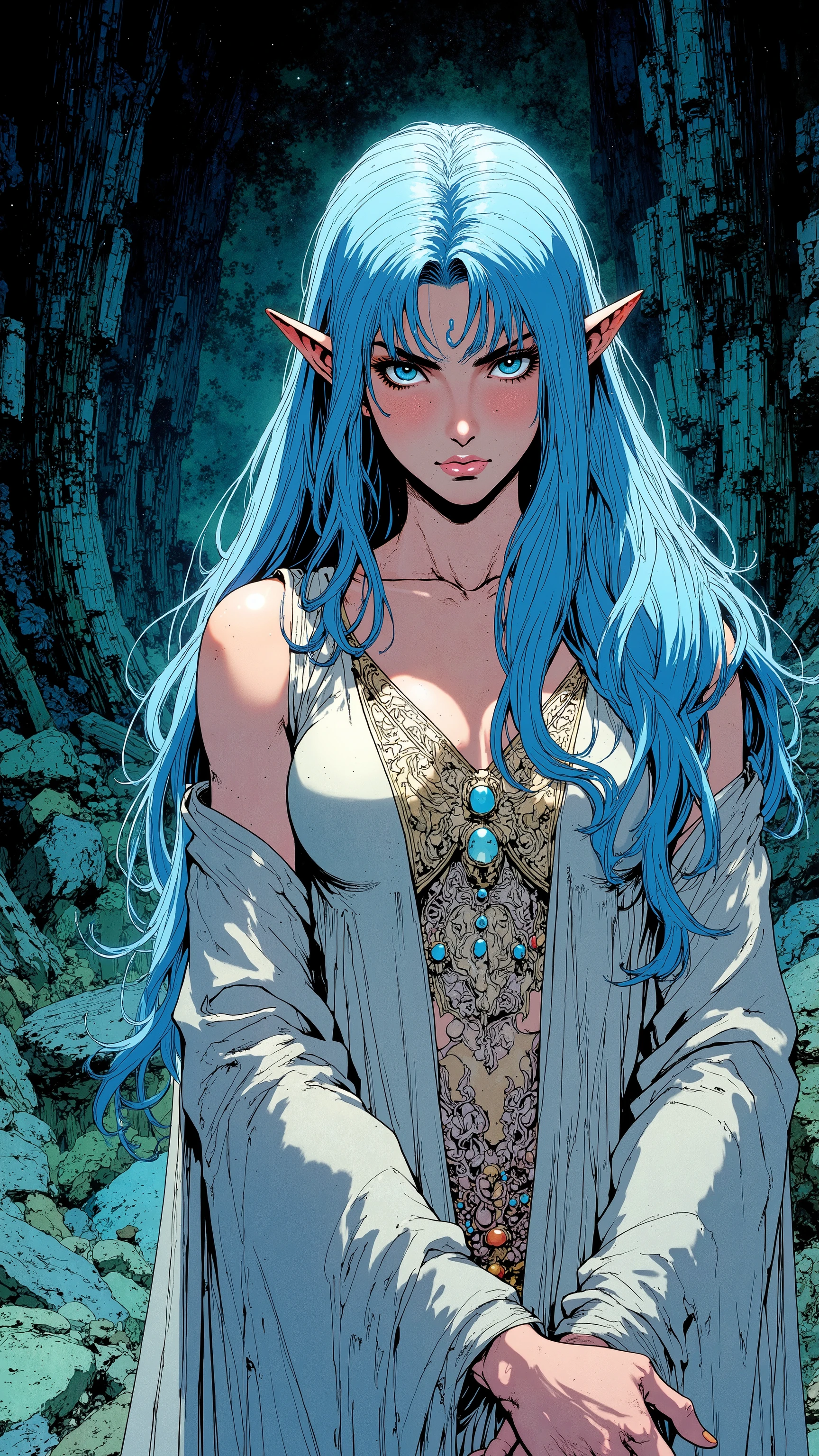 A beautiful female elf, long black hair, pointed ears, chained in dramatic dungeon, mournful expression, detailed facial features, short tunic with ruffles and ribbon, revealing cleavage and figure, rhombus stripes accentuate form, hands and neck bound by intricate chains, cinematic natural lighting, inspired by Alphonse Mucha art