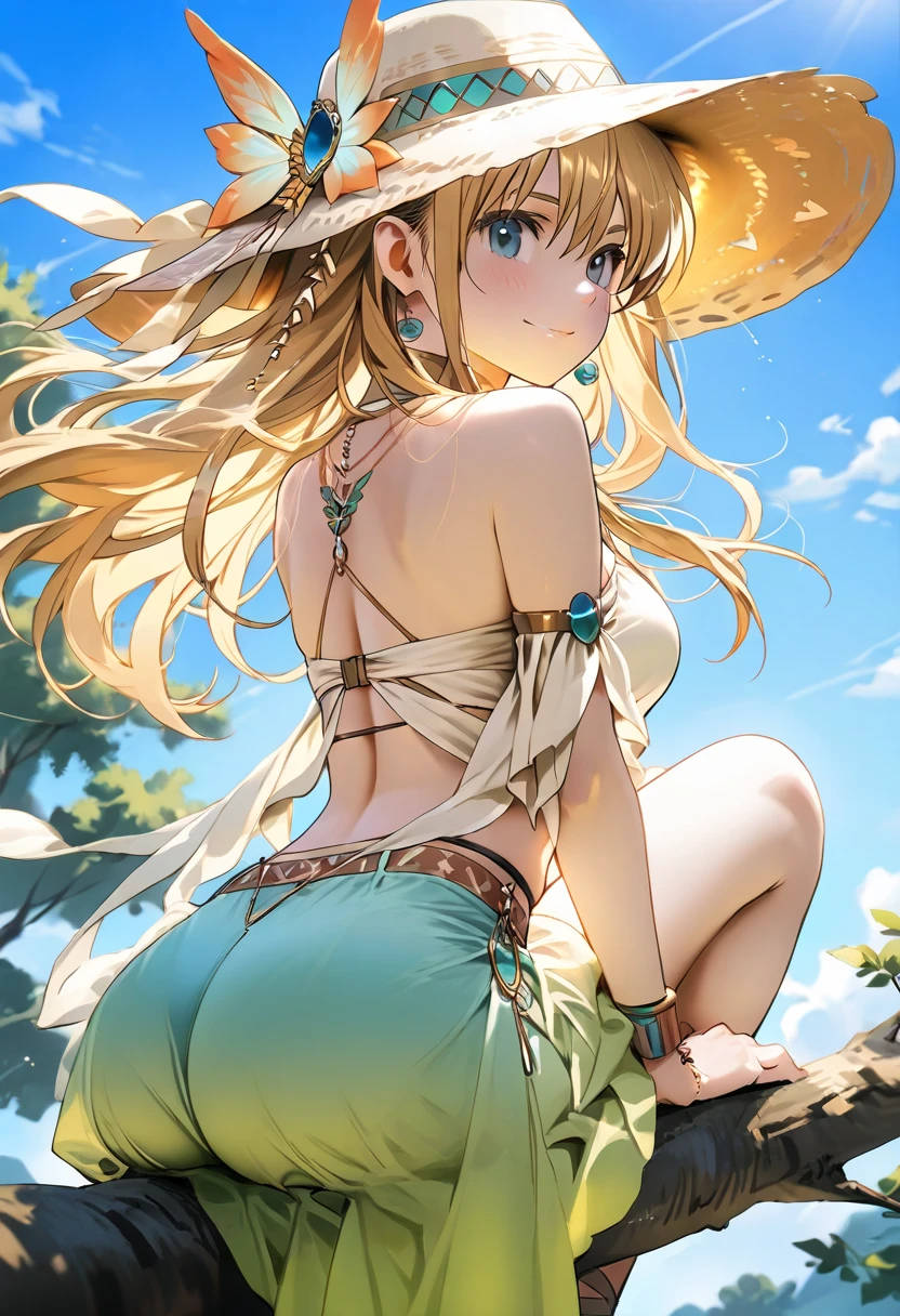 1girl, solo, full body, rural landscape, village, trees, sun, clouds, fantasy, golden blonde hair, pink tips, yellow eyes like amber., very tanned brown skin, big breasts, golden yellow bikini. happy smile. smile pink hair tips, smile, looking at the viewer, standing, hair ribbon, golden necklate
