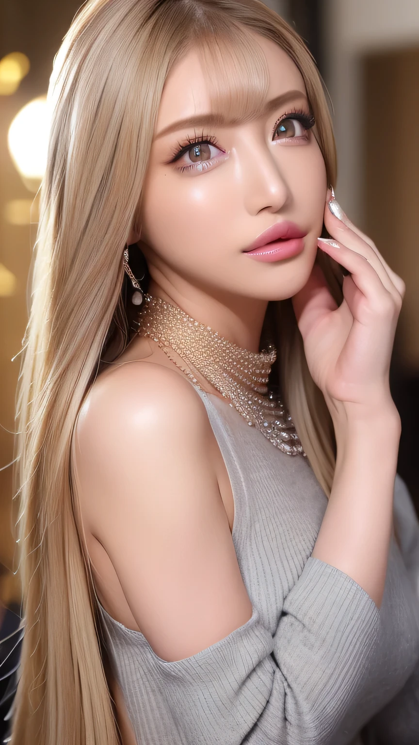 ( cowboy shooting 、 top quality 、8k、 Award-winning work 、 super high definition )、 beautiful woman under hoodie、( I'm showing off my perfect body with my Virgin Killer sweater , SeXy Breasts:1.1)、 Beautiful shiny lips , Shine Glitter Lip Gloss、Metallic Lip、 Focus on sexy lips、 feminine glamorous body , ( virgin killer sweaters :1.3),(( gray turtleneck sleeveless dress 、 G cup bust 、 chest tank top visible from the side ,Perfect big 、( blond with a big face:1.1)、 Brilliant Color Contact Lenses 、 Perfect Gal Makeup、 Shine 、 SeXy lips in duck mouth、Shine Glitter Lip Gloss、Metallic Lip、( dark makeup for women with 5 fingers :1.2)、( dark brown beige eye circus reference seen from the cuffs :1.1)、 Beautiful bright eyeshadow 、 dark makeup 、( big breasts:1.2)、 Very Long Wavy Hair 、(Romantic affection:1.1)、 、( many women emphasize body lines ....:1.1)、( strongly blurry 、 Vividly eXpresses the luXury hotel pond at night :1.1)、( strongly blurry background:1.1)、 accurate anatomy 、 ultra hd hair、( super high definition perfect beautiful teeth:1.1)、 super high definitionの美しい顔 、 ultra hd hair、 crystal clear bang 、Ultra HD Shining Eyes、Shining super high definition beautiful skin 、 super high definition glossy lips 、 includes Harry Winston necklace