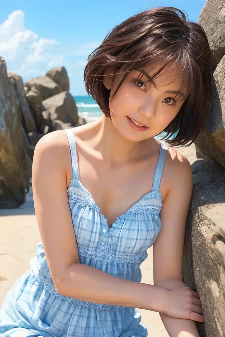 (Highest quality、8k、32K、masterpiece)、(Realistic)、(Realistic:1.2)、(High resolution)、Very detailed、Very beautiful face and eyes、(((Women's Solo Shot)))、Frame In、Tight waist、(Highest quality、Attention to detail、Rich skin detail)、(Highest quality、8k、Oil paints:1.2)、(Realistic、Realistic:1.37)、Bright colors、(((Bust Shot)))、(((Bob Hair)))、(((smile)))、(((Brown Hair)))、(((Grey tank top)))、(((Botanical print tank top)))、(((Black hot pants)))、(((I'm on the beach)))、(((you can see the horizon)))、((Touching your head with your hands))、(((blue sky)))、(((Wearing a safari hat)))、(((Stylish necklace)))