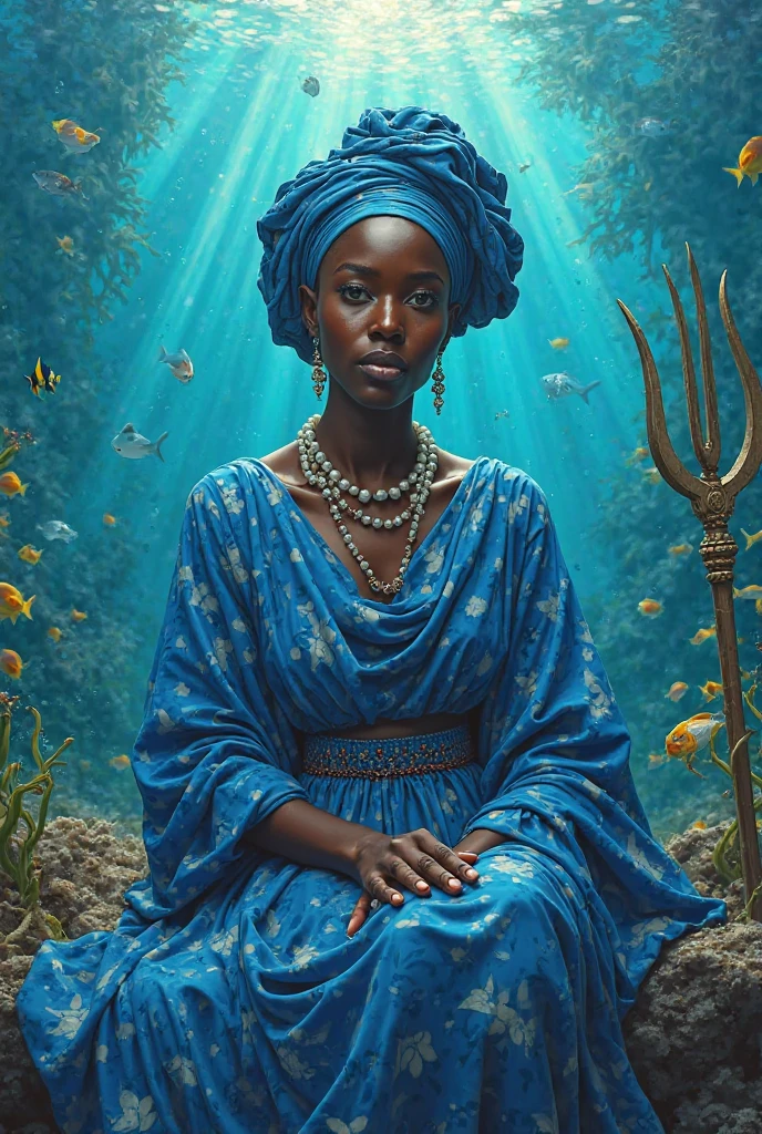 A beautiful African woman dressed in beautiful vibrant african design clothes, playing drums under the ocean surrounded by coral reefs and aquatic animals, moonlight piercing through the ocean with iridescent light, highly detailed images, vibrant beautiful colours, photorealistic image, 8k, ultra HD, unreal engine rendered, cinematic lighting, artgerm style,