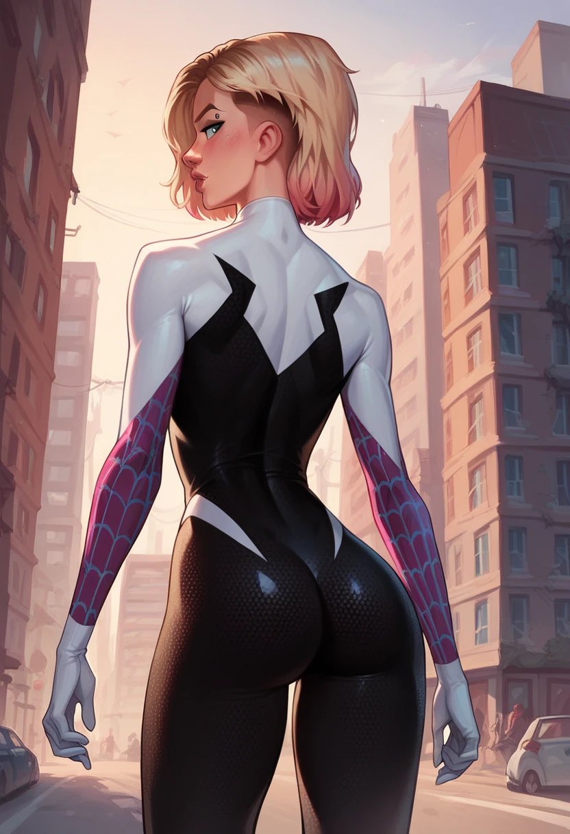 (spider Gwen), Arafed spider Gwen posing for a photo with back turned to viewer, looking back to viewer, in white and black latex suit, full lips, (pink, black, and white color scheme), narrow waist, large fit ass, Unreal Engine Render + a Goddess, (pink and white aesthetic), (gigantic round breasts), slim waist, Beautiful and attractive, Beautiful white girl, Perfect female form, (image from behind:1.0), (emphasis on butt:1.0), hemispherical ass cheeks, spider Gwen sex doll hybrid, (bending at waist 30 degrees from vertical:1.0), (accurate hand structure:1.0)