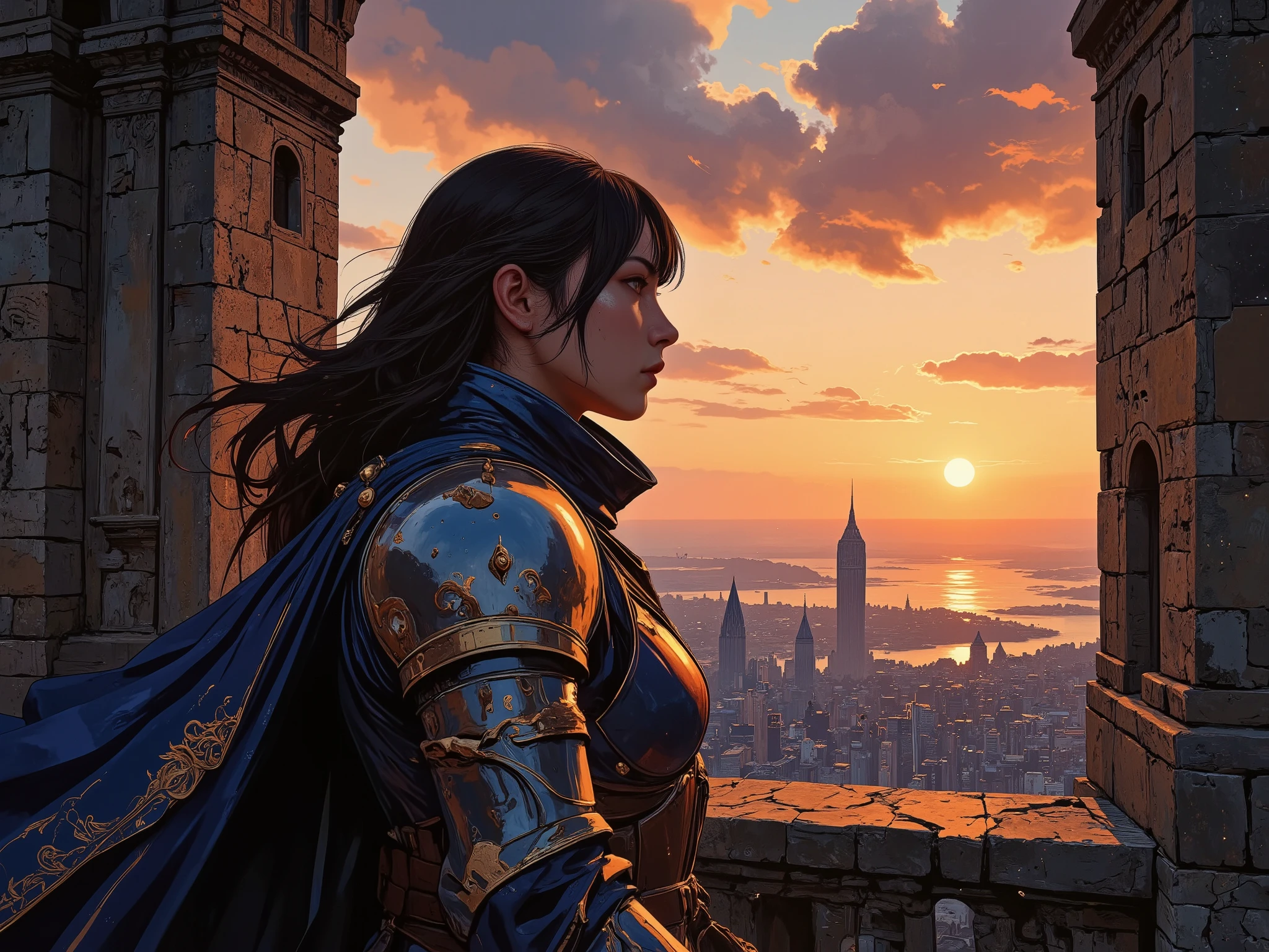 (masterpiece:1.2), (best quality:1.2), (ultra-detailed:1.3), (8k, UHD, highly detailed), (cinematic lighting:1.2), (fantasy gacha game character:1.3), (epic composition:1.2), (dramatic sunset:1.1), (mystical aura:1.1), (windblown hair:1.1), (glowing effects:1.2), BREAK
A noble and imposing warrior with 1,90m, radiating power and elegance , is standing inside a medieval Gothic tower, with a view of a vast ocean at sunset. Her firm and noble gaze transmits wisdom and strength, while her light brown hair with caramel reflections is gently moved by the twilight wind. Her straight fringe perfectly frames her aristocratic and symmetrical face, highlighting her penetrating golden-amber eyes. Small delicate freckles adorn her nose, along with a pint below the left eye and a subtle scar near the mouth, suggesting past experiences in battle.
Her athletic and muscular body , shaped by years of training, displays a powerful hourglass silhouette. Her imposing bluish and gold silver armor, meticulously sculpted and unjeweled, reflects the intense sunset light, making the golden details shine like sacred fire.
She is in a majestic and serene pose, with one hand relaxed beside her body and the other resting lightly on the edge of a window Of Gothic stone, looking at the horizon with a contemplative face.
The setting is worthy of a cinematic epic: the Gothic gray stone tower, adorned with ancient carvings, towers over an infinite ocean. The sky is an explosion of vibrant colors, blending intense shades of orange, pink and purple , while golden clouds reflect the last rays of the sun. Dramatic lighting creates a cinematic and grand effect, emphasizing shadows and deep sparkles over her armor.