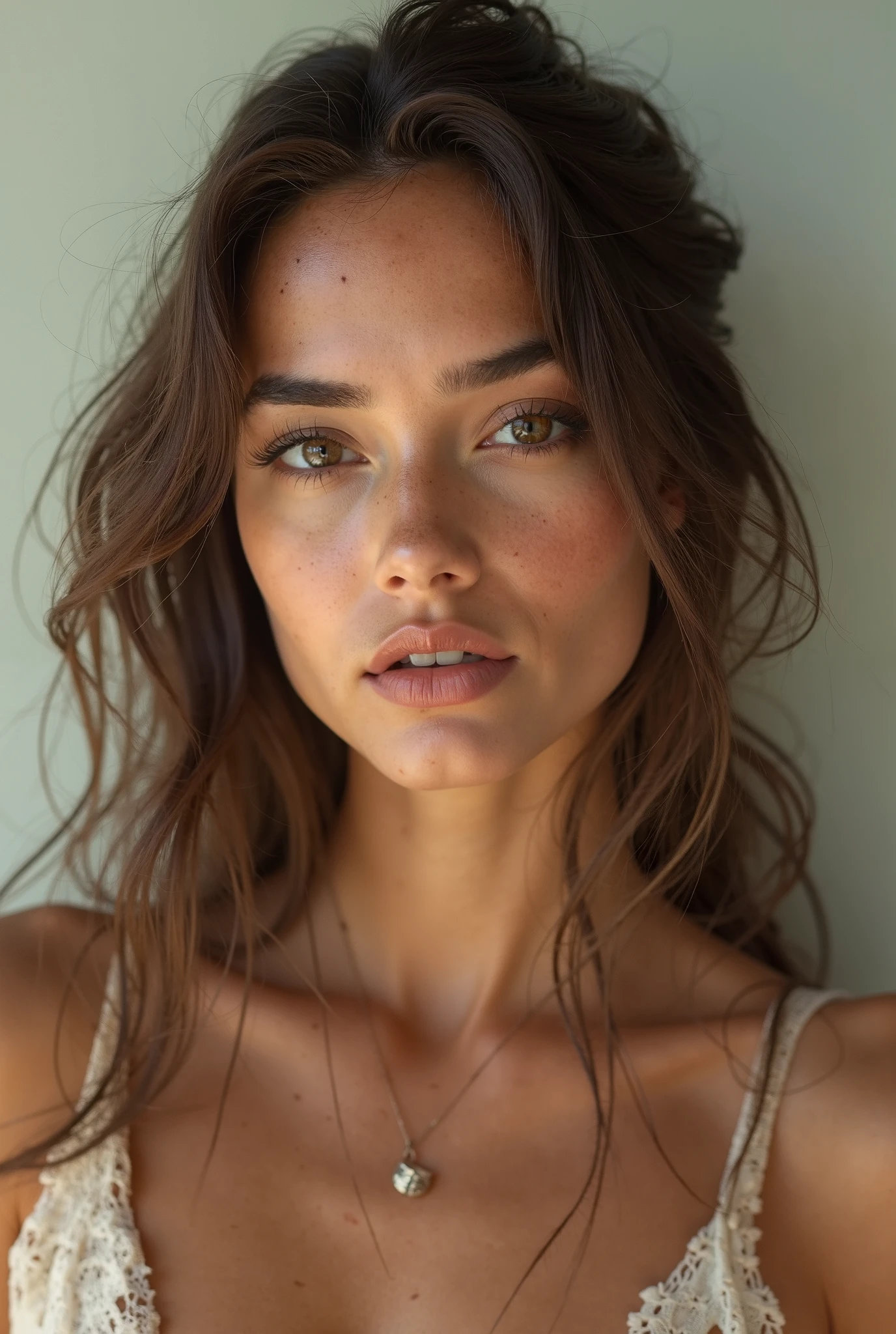 Young woman with a confident yet romantic expression, ultra-textured skin with a natural glow, subtle goosebumps. Long, flowing hair — half up, half down. She gazes directly into the camera, full-face portrait. Minimalistic background with soft pastel tones, creating a sense of elegance and intimacy. Harsh lighting (1.4 intensity) for striking contrasts, captured in vibrant Velvia 100 colors. Shot on Cinestill 800T, with dreamy bokeh and sharp focus on the subject's face. Cinematic, fashion-forward style, inspired by Manuela Marques.