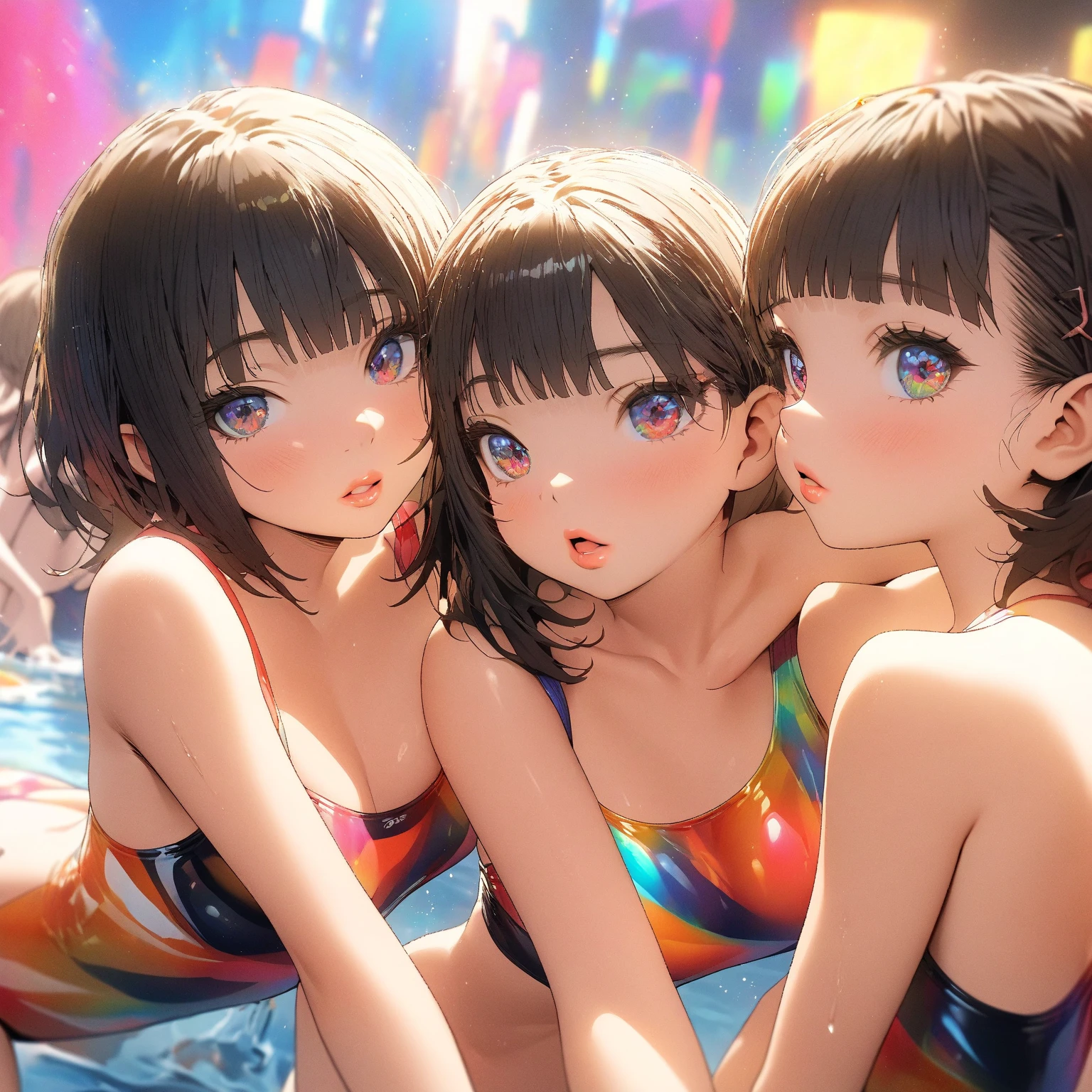 ((Highest quality、masterpiece、8K、Realistic、超High resolution、Very delicate and beautiful、High resolution、Cinema Lighting))、((Three Women:1.9))、((Mr.々Swimsuit、Each has their own unique hairstyle))、They all laugh happily、We have a good time together。In the background there is a clear blue sky and green trees々is spreading々i can see、The pool is filled with refreshing blue water.。