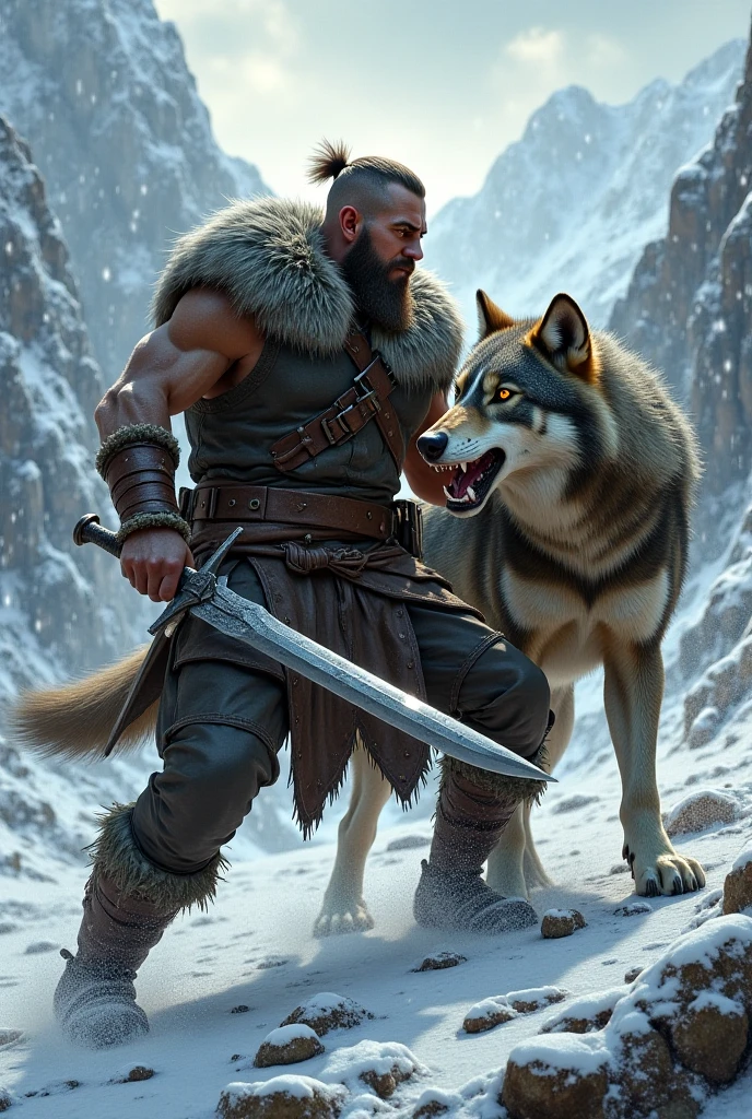 the best quality, very high resolution, detailed 4K CG, Masterpiece artwork, augur, Nordic Deuses, handsome man holding bagpipes plus a wolf, rune tattoos, viking, Celtic mountains, blue sky, Norse mythology, viking rune tattoo, beautiful aesthetic, Beautiful picture, There are beautiful mountains with green grass in the back