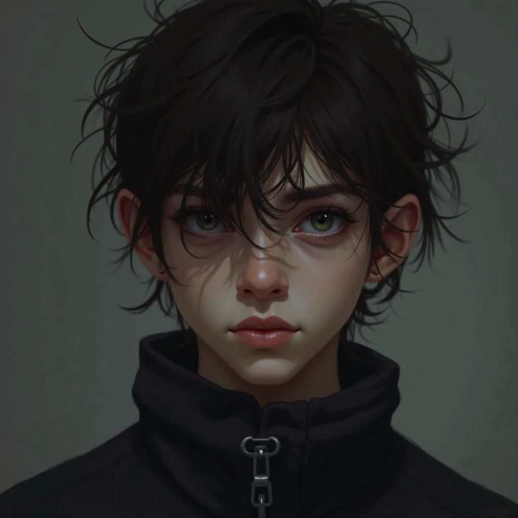A boy with black eye ball standing