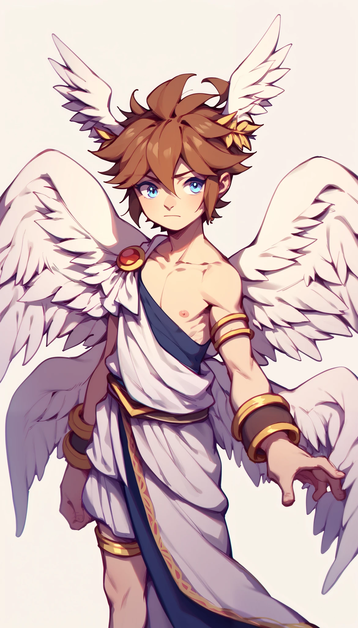 (Simple background), single, 1boy, fullbody, blue eyes, short hair, head wings, multiple wings, wings, angel wings, pitt, brown hair,