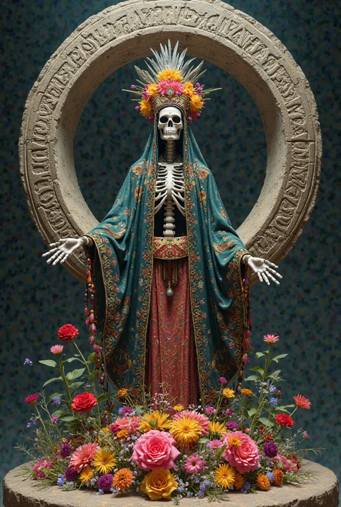 Create a highly detailed and surrealistic digital art piece of a statue with a skull-like face integrated with nature. The statue should have intricate carvings resembling aged ivory or bone, with hollow eyes framed by blooming golden marigolds. The entire figure should be interwoven with vibrant flowers and lush green leaves, giving the appearance that the statue is both ancient and alive. The background should be a mystical, dense forest with soft, ambient lighting that highlights the ethereal and magical quality of the scene. Ensure the flowers and leaves appear fresh and vibrant, contrasting with the aged texture of the statue.