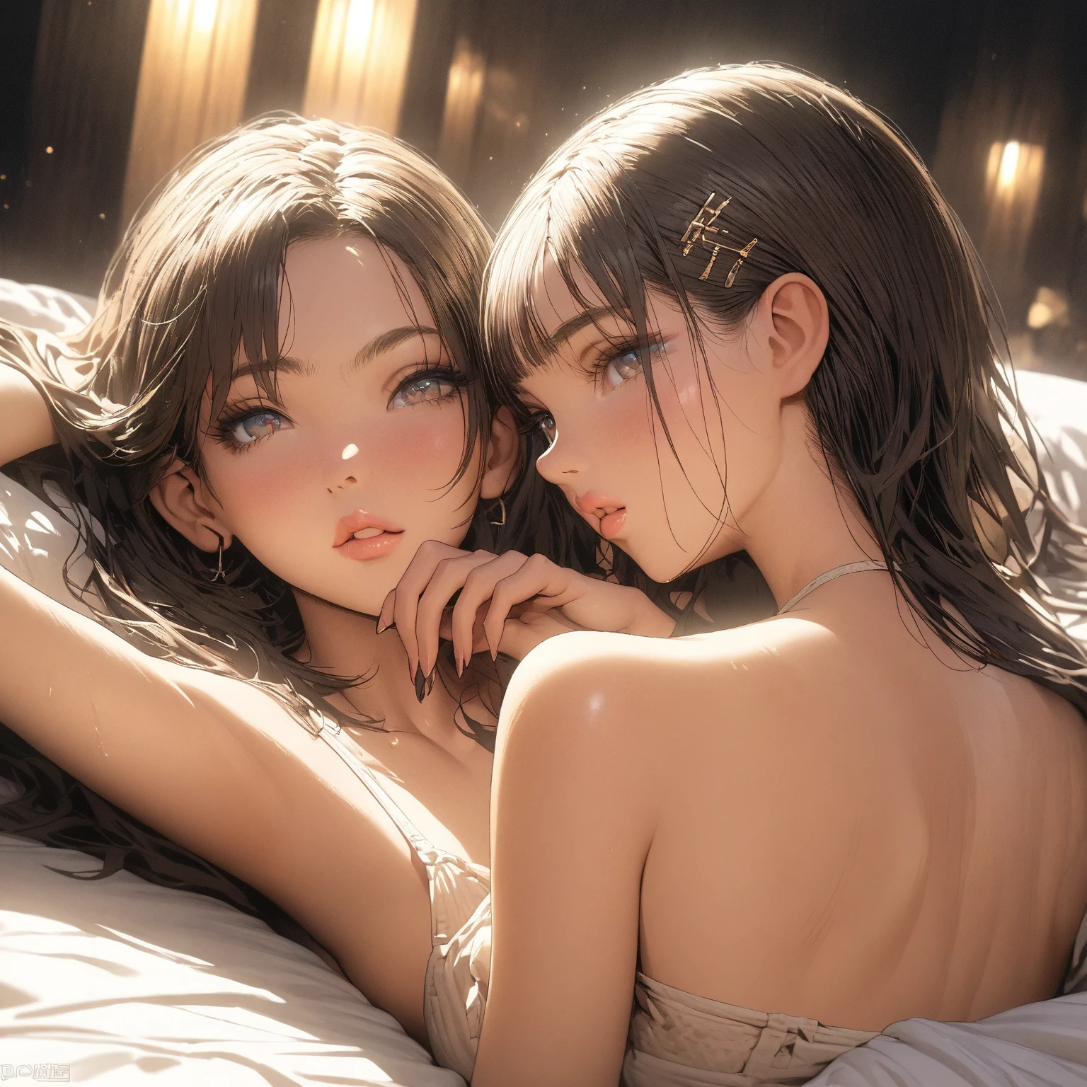 2 girls, sleeping on bed, part-naked, sexy, various hairstyles, no blanket, full body camera, 21 years old, ultra detailed faces, masterpiece, detailed skin, 8k resolution, playful, smiling, exposed nipples, lecherous, ultra-detailed eyes