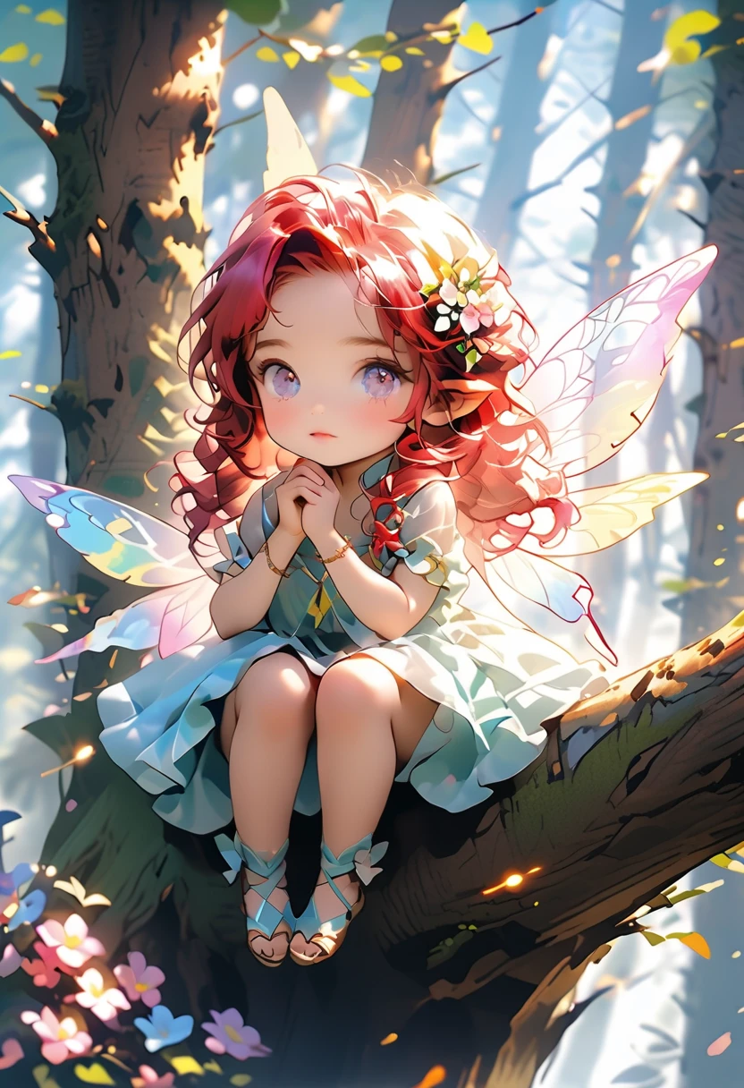 sitting flower, 1girl, ??? petite , flat chest , skindentation, fairy, bright silver fairy_wing, miniature, small scale, micro_body_size, small_scale, petite, fairy_4wings, flat cheast, [[partially gradient multicolored hair]:rainbow], rainbow hair color, eyes visible through hair, multicolored dress, :3, nature, +++ - hazel eyes , light red hair, medium hair , ponytail, wavy hair , hair over eyes, covered eyes, blunt bangs, , ,  +++, +++ jump ,bare legs soles focus, looking down, Establishing Shot, contrapposto, dynamic pose, cinematic lighting, daytime, warm light sunset, rays light, sparkles, lens flare, deep shadows, depth of field, peerless, sentimental, bird nest on the cliff, forest, , river , floating hair, florting leaves blooma