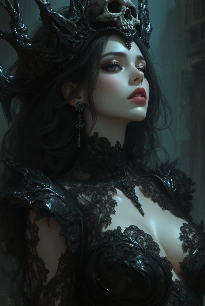 a goddess of death, black dress, skulls, bats, black cape, apocalyptic background, detailed face, piercing eyes, dark and moody atmosphere, dramatic lighting, cinematic composition, dark fantasy, gothic, digital art, concept art, 8k, highly detailed, photorealistic