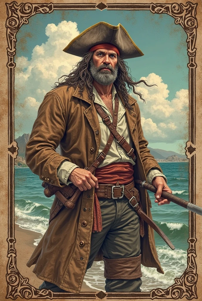 y pirate. Male Man, muscular, Nudirate hat, pistol, leaning back on a wooden post.Full body pose. he looks longingly, has a short trimmed beard. Graphic style of Roman comics, 2d, 8K, hyper realism, masterpiece, high resolution, best quality, Ultra-detail, super realistic, Hyperrealistic art, good quality, ultrahigh resolution, highest level of detail, lot of details, extremely high resolution details, incredibly lifelike, soft cinematic light, best quality:1.0,hyper-realistic:1.0,photorealestic:1.0,Wahnsinnig detailliertes CG Unity 8K-Hintergrundbild:1.0,masterpiece:1.3,Madly detailed photo:1.2, hyper-realistice, lifelike texture:1.4, Picture book:1.0,8K, headquarters,best quality:1.0,