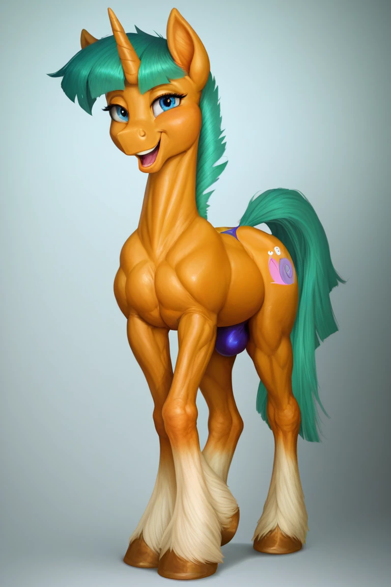 Apple Bloom, solo girl, evil smug grin, naked, medium sized breasts, thick body, pubic hair, very big Feet, massive big Feet, Apple Bloom Equestria girls, full body, Standing, in the meadow by a farm, Apple Bloom, cuerpo completo, high resolusion