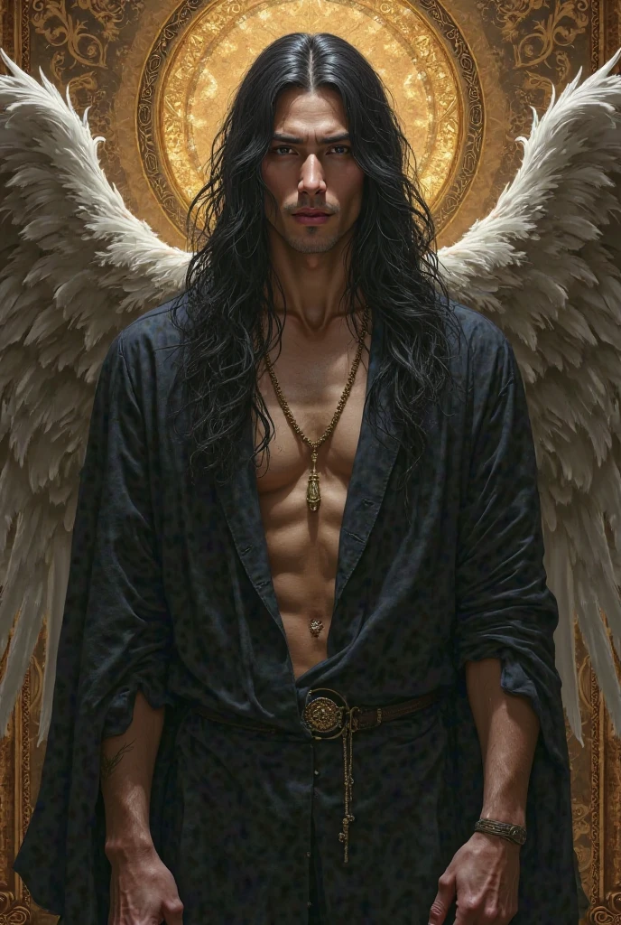 man who is 20 years old, mestizo ray, Masculine traits, The most handsome man, Very long jet black and silver hair with gold, hunting blue eyes, angel beauty, angel, hunting eyes, hot body, sexy, passionate. blue pants and black belt. 
