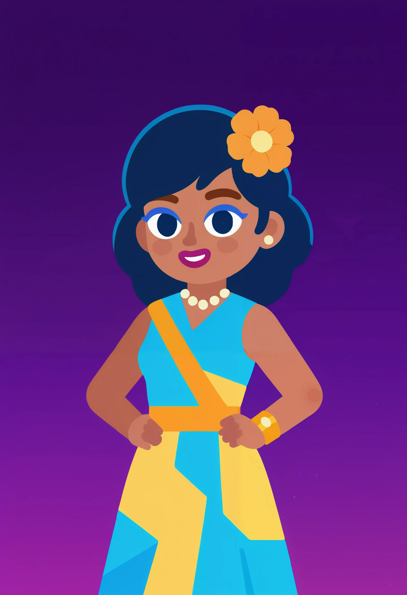 {{masterpiece}}, {{incredible quality}}, {{full HD}}, vector art, flat design, modern digital illustration. A smiling young woman with dark brown skin and short, neatly tied black hair. She wears a bright yellow sleeveless dress, exuding warmth and elegance. She gently holds a delicate orange flower with soft blue leaves, bringing it close to her face while smiling peacefully. Her expression conveys serenity and appreciation for nature. The background features an abstract and playful mix of pink and beige organic shapes, enhancing the vibrant and uplifting mood. The linework is smooth, with soft shading and harmonious color combinations, creating a polished and aesthetically pleasing illustration.