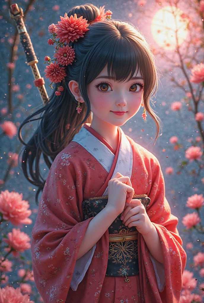 Movie Angle，（Cute girls，anatomy correct，full bodyesbian，Masterpiece camellia，Masterpiece Hanfu，ssmile），（illustratio，paper art，3Drenderingof），（plethora of colors，Best quality，high detal，tmasterpiece，Cinematic lighting effects，4K，Chiaroscuro）