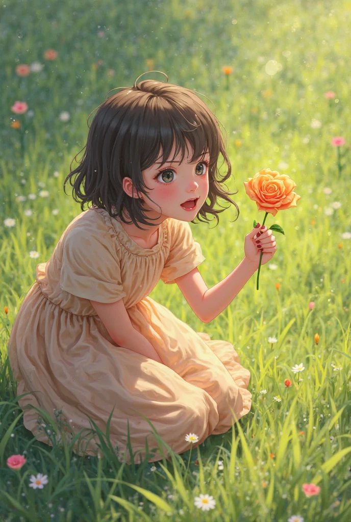 A lonely child in the countryside,Open your hands,Hope to be hugged,The picture is bright,There is a hierarchical contrast