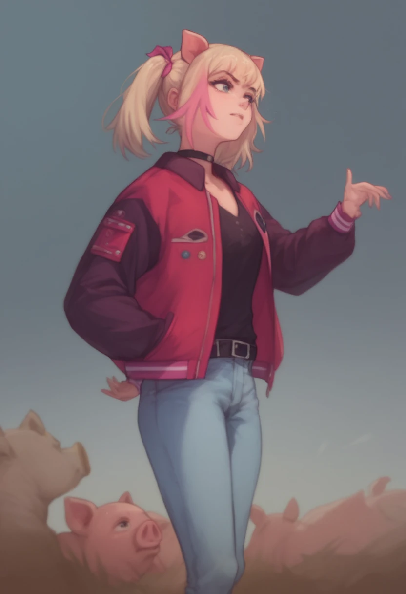 1girl, kawai rika, blonde hair, pink streak,letterman jacket, red jacket, purple sleeves, open jacket, black choker, black shirt, jeans, black belt, pig tails, Pig Ears,
