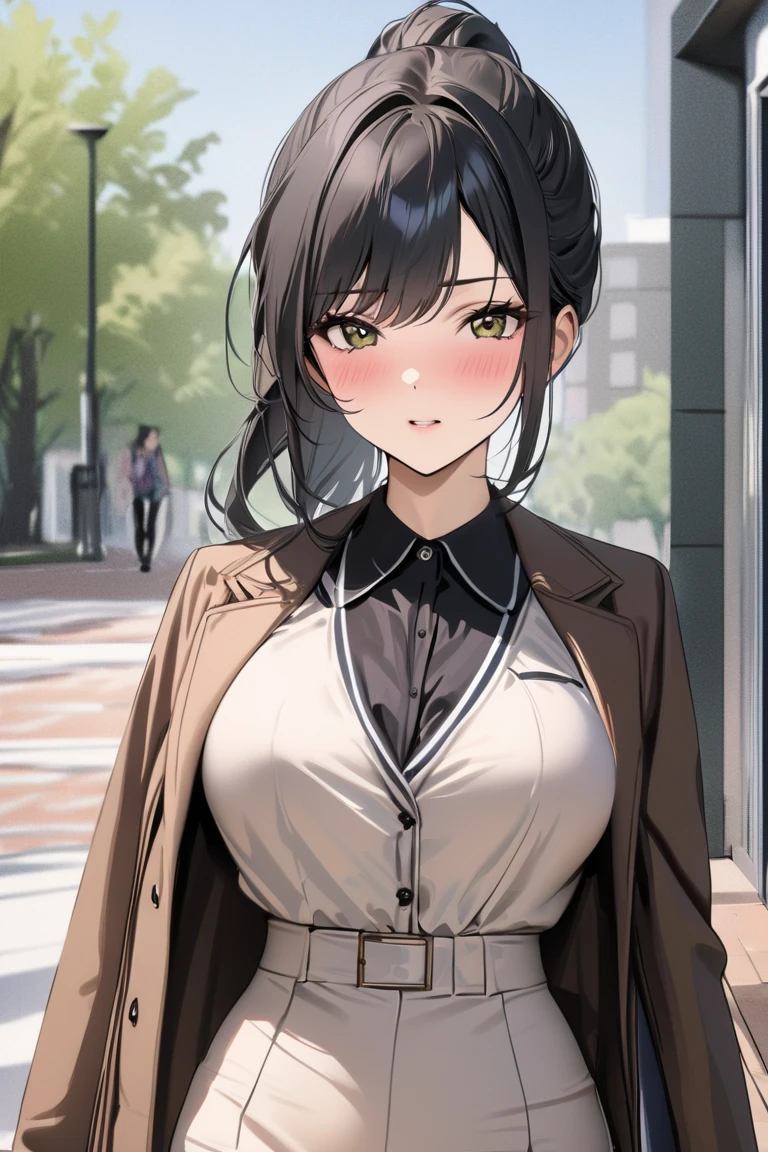 <lora:flatcap-10:0.6>, flat cap, gigantic breasts, plaid headwear, suit jacket, pencil skirt, undershirt, lips, earrings, city, smile
