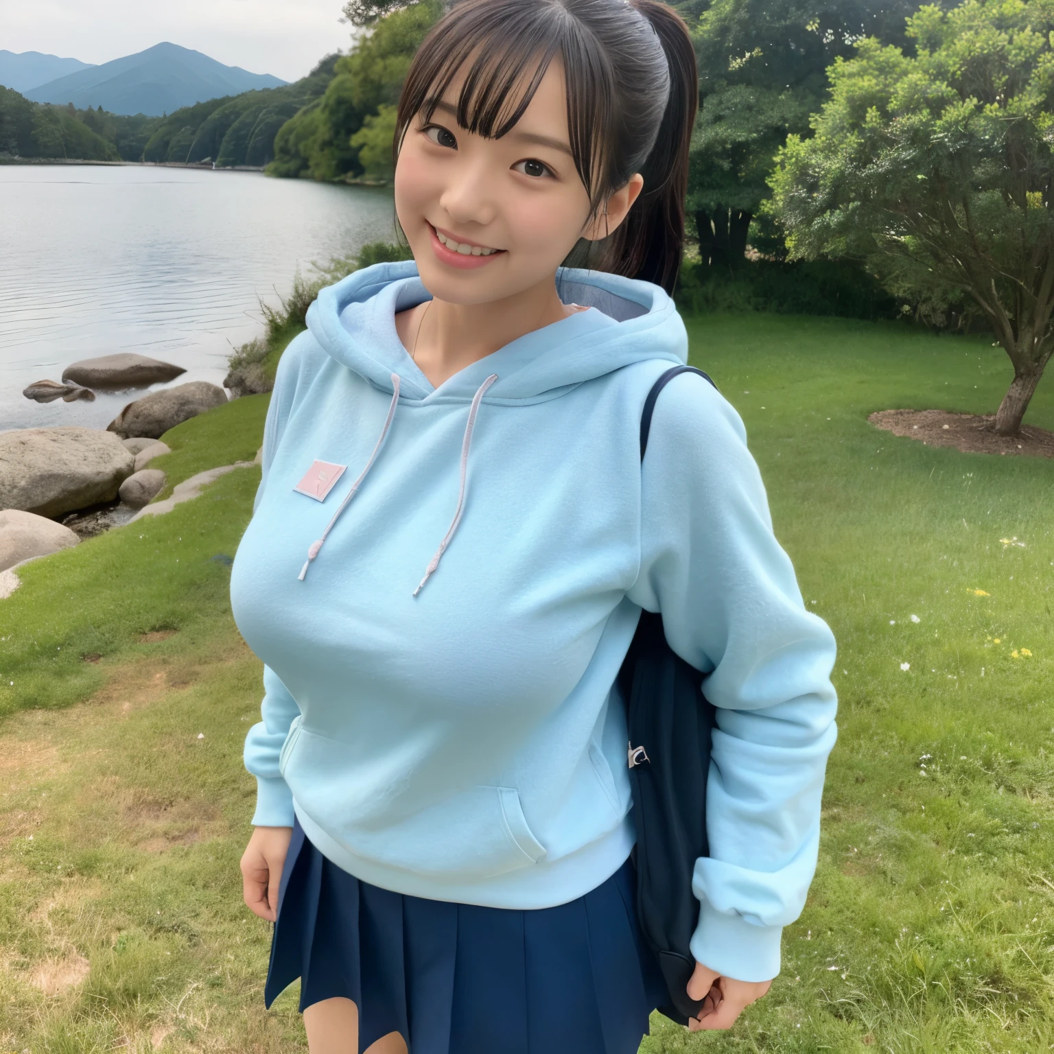 Arafed asian woman in a blue hoodie and skirt standing by a lake ...