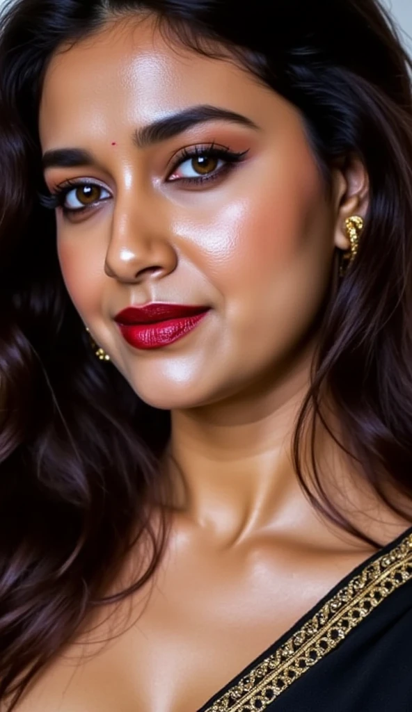 extreme close up photo of naked kiara, a beautiful indian woman, full nude, hairy pussy , nipple,red lipstick