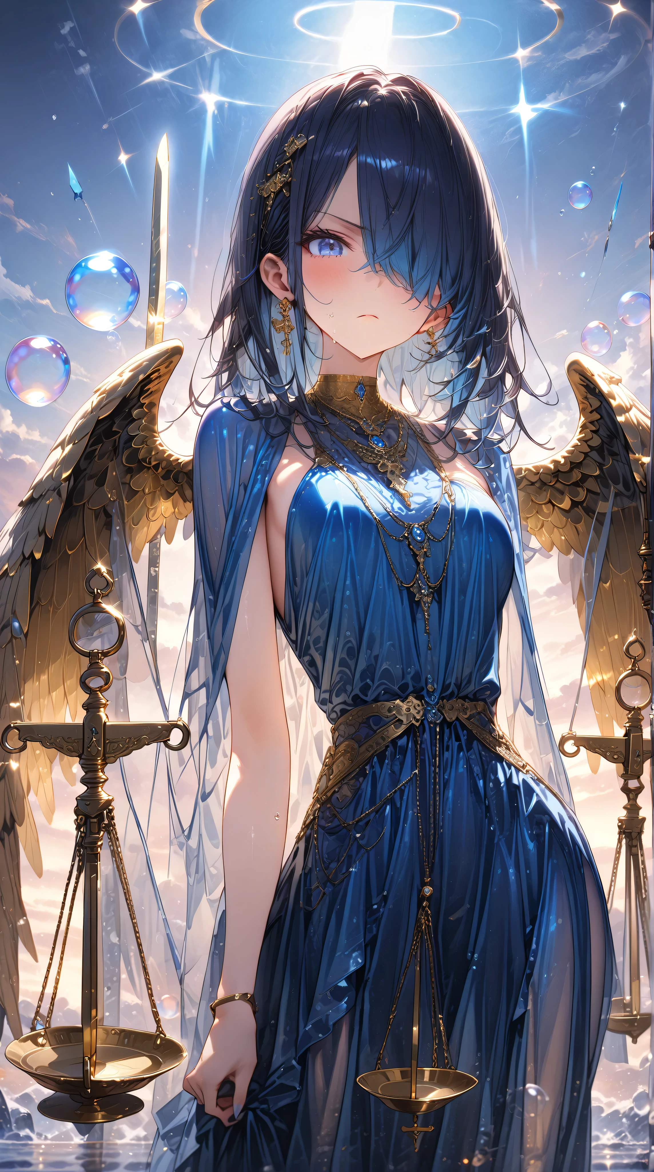 ((masterpiece, high image quality ,8k)),(( very detailed ,perfect picture)),(Perfect Anatomy),(ultra detailed),((adult woman)),((blue and evening dress)),( skinny dress ),(hair over one eye),(I'm in a bad mood),bad,is angry,(dark blue hair),((one adult woman)),((large surveyor balance)),((classic balance scale made of brass,There are plates on both sides)),((arming a longsword)),(there are a number of big soap bubbles in the sky)),(has blue angel wings),((Unpleasant expression )),(Pure blue background ),Cold personality,((front shot)),god, mysterious ,(Look down),(Close your mouth),(cool lady),(slender),((straight hair)),(long hair)