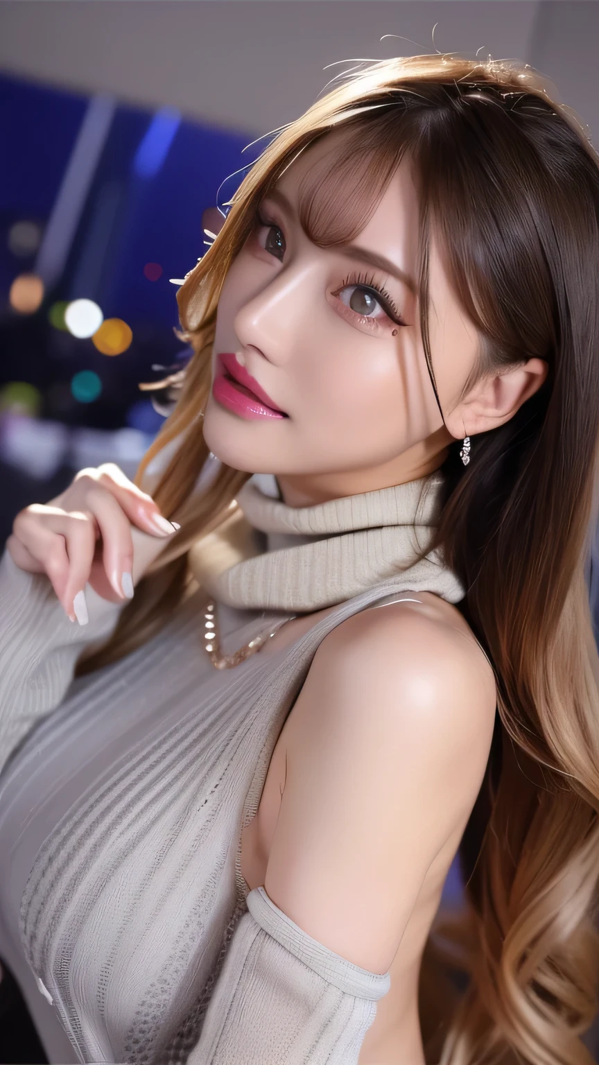 ( cowboy shooting 、 top quality 、8k、 Award-winning work 、 super high definition )、 beautiful woman under hoodie、( I'm showing off my perfect body with my Virgin Killer sweater , SeXy Breasts:1.1)、 Beautiful shiny lips , Shine Glitter Lip Gloss、Metallic Lip、 Focus on sexy lips、 feminine glamorous body , ( virgin killer sweaters :1.3),(( gray turtleneck sleeveless dress 、 G cup bust 、 chest tank top visible from the side ,Perfect big 、( blond with a big face:1.1)、 Brilliant Color Contact Lenses 、 Perfect Gal Makeup、 Shine 、 SeXy lips in duck mouth、Shine Glitter Lip Gloss、Metallic Lip、( dark makeup for women with 5 fingers :1.2)、( dark brown beige eye circus reference seen from the cuffs :1.1)、 Beautiful bright eyeshadow 、 dark makeup 、( big breasts:1.2)、 Very Long Wavy Hair 、(Romantic affection:1.1)、 、( many women emphasize body lines ....:1.1)、( strongly blurry 、 Vividly eXpresses the luXury hotel pond at night :1.1)、( strongly blurry background:1.1)、 accurate anatomy 、 ultra hd hair、( super high definition perfect beautiful teeth:1.1)、 super high definitionの美しい顔 、 ultra hd hair、 crystal clear bang 、Ultra HD Shining Eyes、Shining super high definition beautiful skin 、 super high definition glossy lips 、 includes Harry Winston necklace