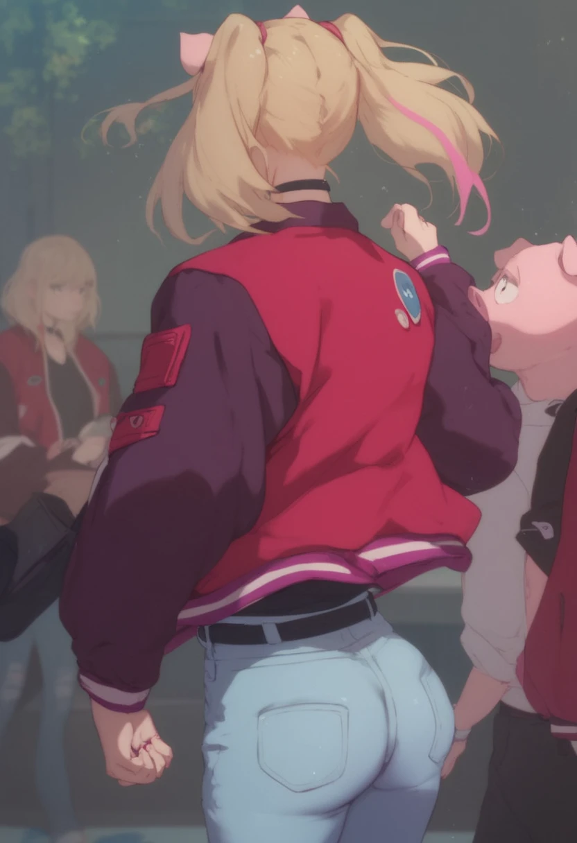 1girl, kawai rika, blonde hair, pink streak,letterman jacket, red jacket, purple sleeves, open jacket, black choker, black shirt, jeans, black belt, pig tails, Pig Ears, buttocks us a hand