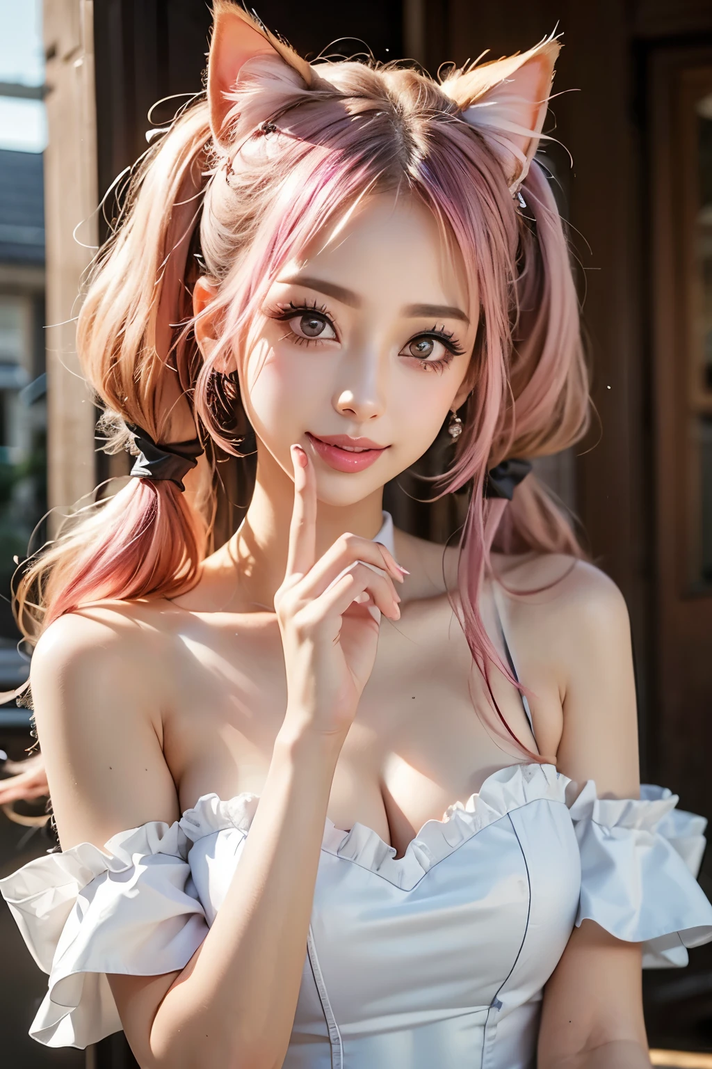 exact finger、White guy with pink eyes and vertical curly pink hair(( twin tail hair ))Hanging eye((very not very big pink eyes))pink glossy lips (White cat ears) very lean body(fancy ruffle fantasy dress)beautiful smooth white silk skin(Princess Lolita)Beautiful, well-groomed face and precise fingers(older adult woman1Human shot) look at viewer、 big pink eyes like a cat (Quiet pose)smiles(Place one finger on your lips)