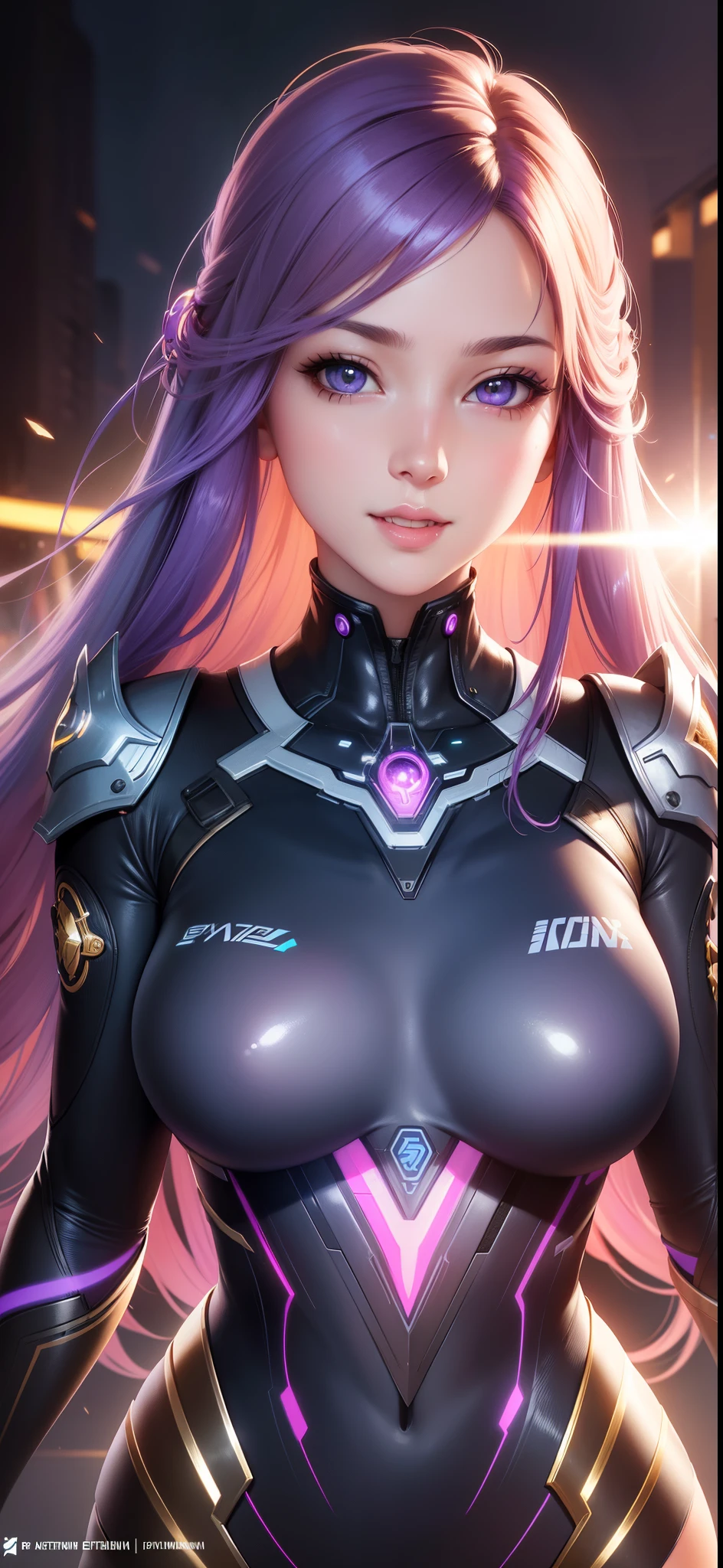 A woman dressed in purple,Cat ears and black top, goddess of galaxies, cyborg goddess in cosmos, Anime fantasy artwork, Anime fantasy illustration, Detailed digital anime art, 2. 5 D CGI anime fantasy artwork, Fantasy art style, perfect android girl, portrait anime space cadet girl, Epic fantasy art style HD, 8K high quality detailed art