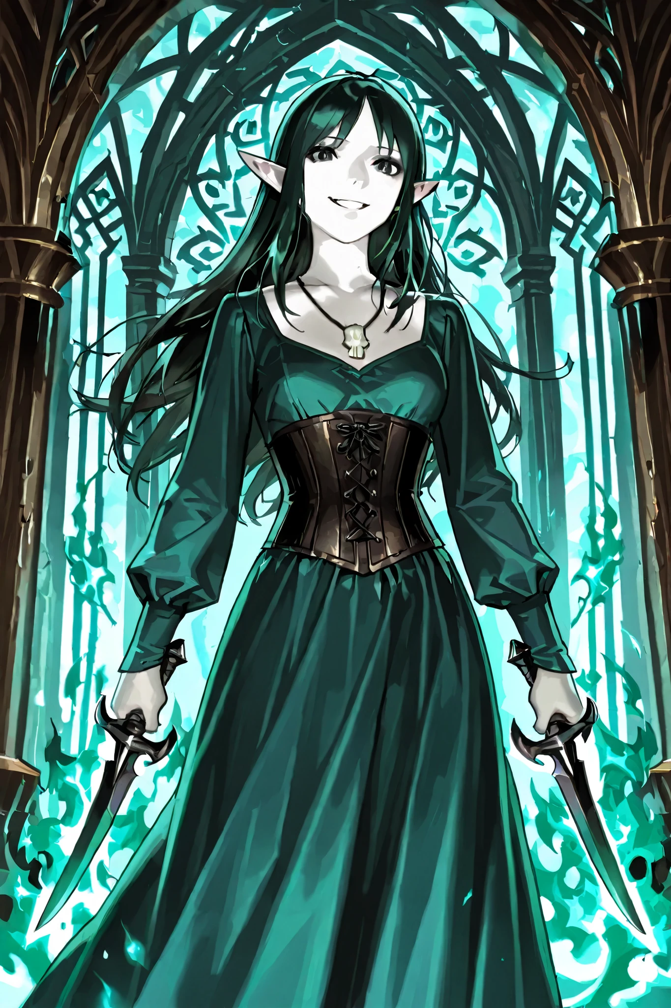 woman, half elf, solo, female, pale skin, black hair, black eyes, wearing a tan corset, dark green dress, long sleeves, animal bone necklace, wielding a black dagger evil grin, summoning green flames, necromancer, black magic, flaming green skulls, standing in dimly lit foyer, fantasy art, npcp