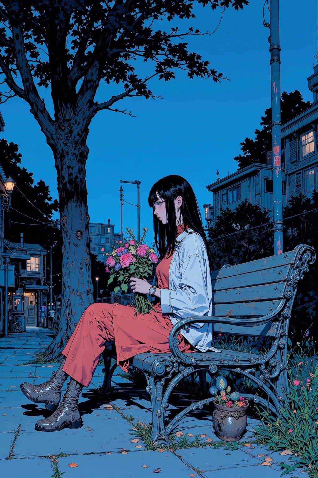 woman sitting on a park bench with a bouquet of flowers,She's looking at the clock tower and waiting for someone,Blue Hour in the Evening,Blue Hour in the Eveningの街を一望できる高台の公園で,CMYK palette,a mix of Conrad Rosette and Shinkai Makoto , Lofi Girl  ,  Amazing Art,anime style cityscape ,   anime still picture anime colored paper  , anime, mamoru hosoda, 90s anime aesthetic ,Kilian Eng. Moebius,  Tom Wesselman Inspired,full color illustration,clean illustration inspired by skiers  ,   Detailed 2D Illustration  ,  Detailed painting by Gouache   , Poster illustration,  2D gouache illustration , Vivid but undersaturated illustrations