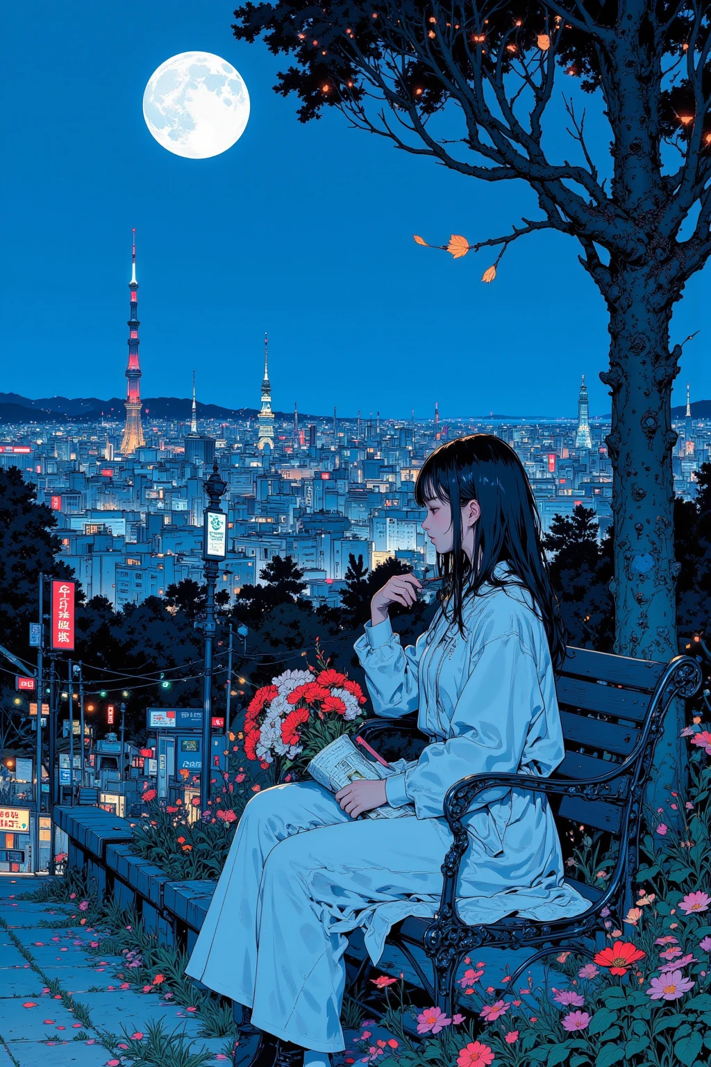woman sitting on a park bench with a bouquet of flowers,She's looking at the clock tower and waiting for someone,Blue Hour in the Evening,Blue Hour in the Eveningの街を一望できる高台の公園で,CMYK palette,a mix of Conrad Rosette and Shinkai Makoto , Lofi Girl  ,  Amazing Art,anime style cityscape ,   anime still picture anime colored paper  , anime, mamoru hosoda, 90s anime aesthetic ,Kilian Eng. Moebius,  Tom Wesselman Inspired,full color illustration,clean illustration inspired by skiers  ,   Detailed 2D Illustration  ,  Detailed painting by Gouache   , Poster illustration,  2D gouache illustration , Vivid but undersaturated illustrations