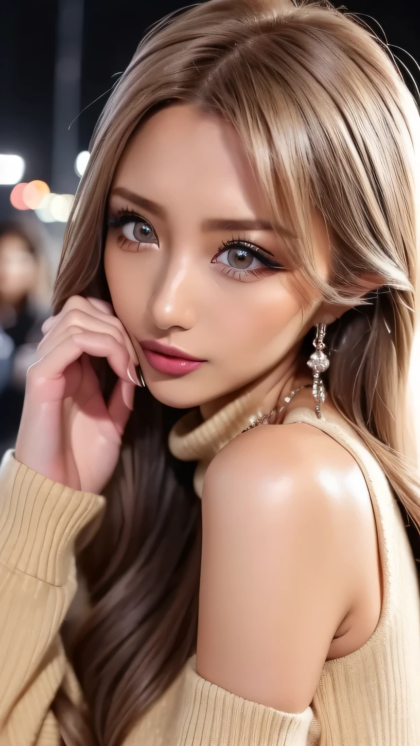 ( cowboy shooting 、 top quality 、8k、 Award-winning work 、 super high definition )、 beautiful woman under hoodie、( I'm showing off my perfect body with my Virgin Killer sweater , SeXy Breasts:1.1)、 Beautiful shiny lips , Shine Glitter Lip Gloss、Metallic Lip、 Focus on sexy lips、 feminine glamorous body , ( virgin killer sweaters :1.3),(( gray turtleneck sleeveless dress 、 G cup bust 、 chest tank top visible from the side ,Perfect big 、( blond with a big face:1.1)、 Brilliant Color Contact Lenses 、 Perfect Gal Makeup、 Shine 、 SeXy lips in duck mouth、Shine Glitter Lip Gloss、Metallic Lip、( dark makeup for women with 5 fingers :1.2)、( dark brown beige eye circus reference seen from the cuffs :1.1)、 Beautiful bright eyeshadow 、 dark makeup 、( big breasts:1.2)、 Very Long Wavy Hair 、(Romantic affection:1.1)、 、( many women emphasize body lines ....:1.1)、( strongly blurry 、 Vividly eXpresses the luXury hotel pond at night :1.1)、( strongly blurry background:1.1)、 accurate anatomy 、 ultra hd hair、( super high definition perfect beautiful teeth:1.1)、 super high definitionの美しい顔 、 ultra hd hair、 crystal clear bang 、Ultra HD Shining Eyes、Shining super high definition beautiful skin 、 super high definition glossy lips 、 includes Harry Winston necklace