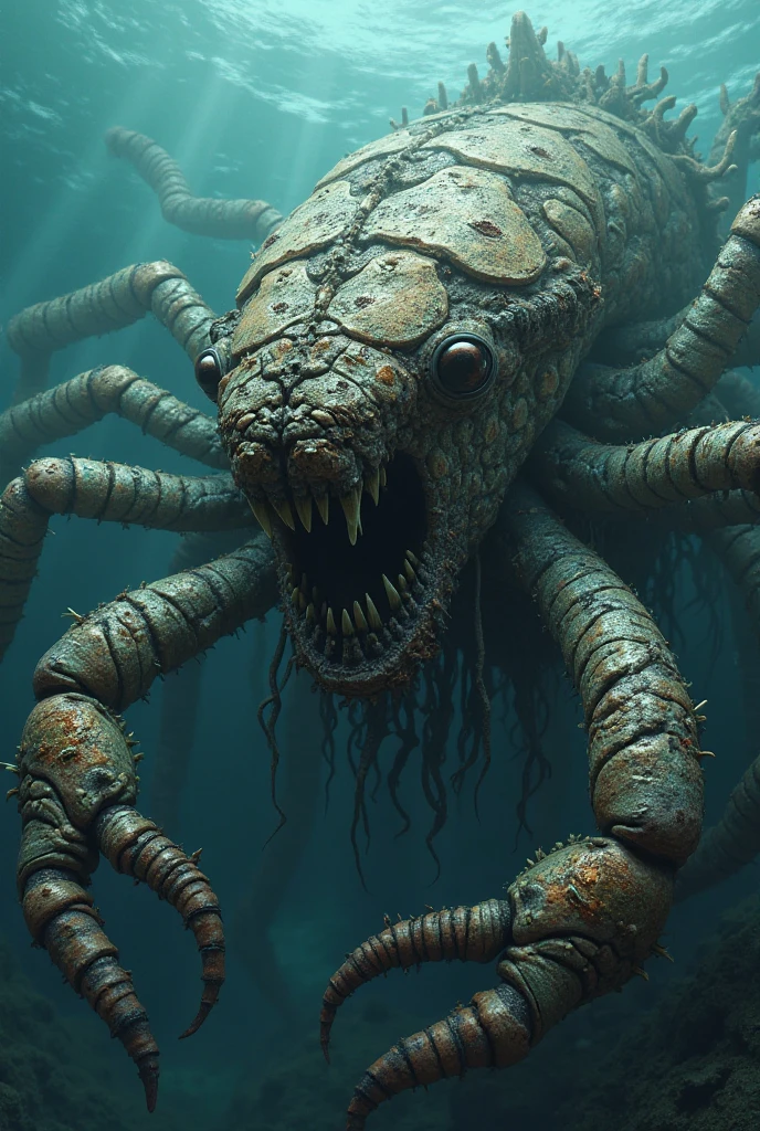 Imagine a gigantic creature, approximately 3 meters tall. Their skin is thick and scaly, of a dark greenish tone, quase negro, reflecting an opaque light that gives a wet, slimy appearance. His eyes are large and yellow, with vertical pupils like those of a reptile. It has a wide mouth full of sharp, jagged teeth, exhaling fetid breath. Your hands have long, sharp claws, with fingers that look more like tentacles. Its legs are muscular and end in feet that look like a mix of feline paws and hooves.. in back, there is a series of spines that run from the neck to the tail, which is long and ends in a sharp point. His roar is deep and reverberates like thunder, capable of freezing anyone with fear.