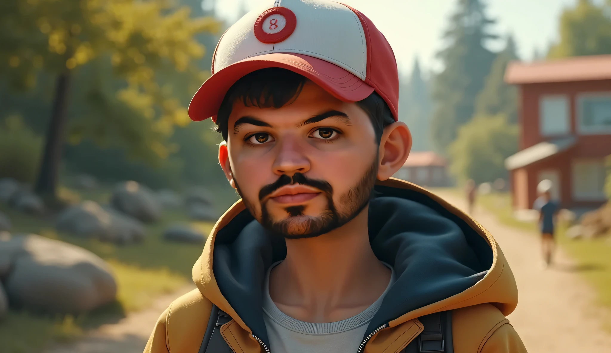 A highly realistic digital portrait of [SEU NOME] transformed into a Pokémon trainer, wearing a detailed, well-fitted trainer outfit with a classic cap, keeping the original facial features intact. The outfit consists of a high-quality fabric jacket, gloves, and sneakers, inspired by realistic sportswear. The scene is shot with a Canon EOS 5D Mark IV camera and a Portrait Lens, creating a natural depth of field and detailed textures. The lighting is a combination of soft studio light with warm daylight temperature, enhancing realism. The composition follows the Rule of Thirds, ensuring balance and focus on the subject. The background is blurred but suggests an outdoor adventure setting. Realistic rendering with 4K textures, cinematic sharpness, and ultra-realistic skin tones. The image aspect ratio is 16:9, and sharpness is set to 1000 for maximum detail. --ar 16:9 --s 1000