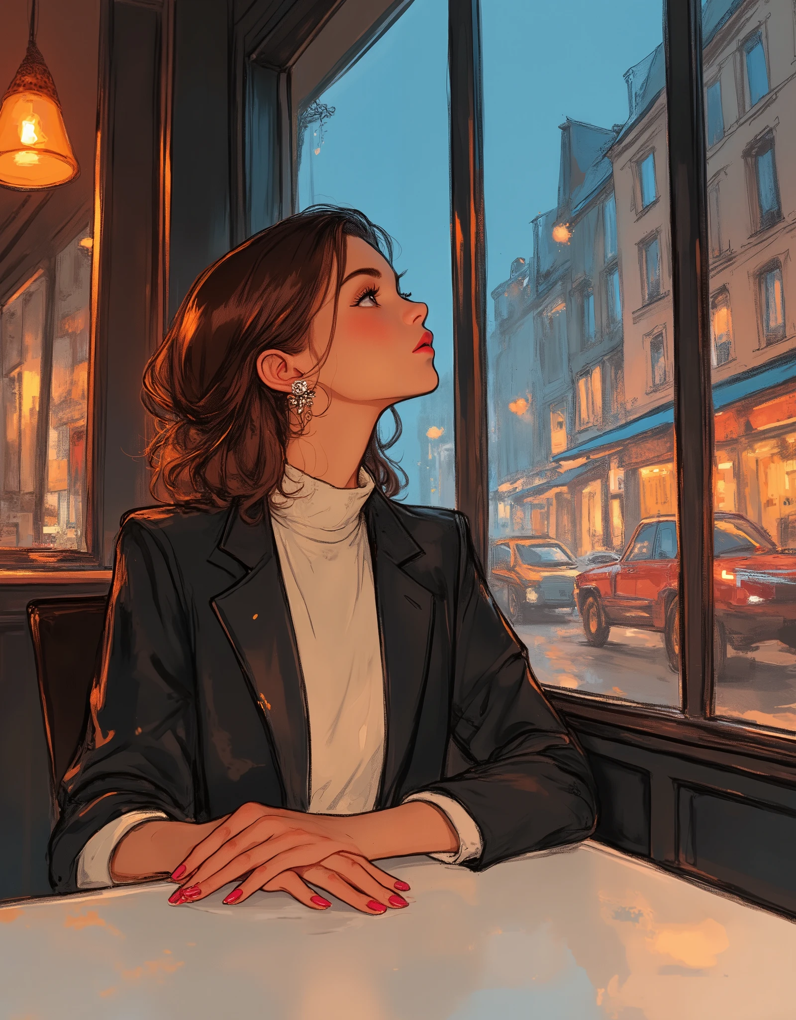 masterpiece, illustration, vector art,Waiting for someone, 1 female,Women meeting up at a cafe, fancy cafe ,urban music, Record Jacket ,Sounds boring,(detailed hands),( beautiful hands )