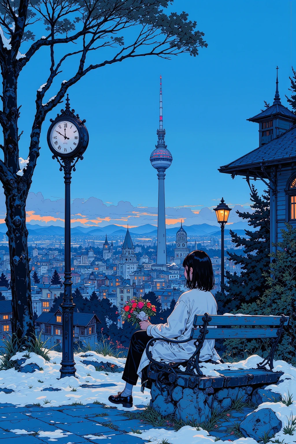 woman sitting on a park bench with a bouquet of flowers,She's looking at the clock tower and waiting for someone,Blue Hour in the Evening,Blue Hour in the Eveningの街を一望できる高台の公園で,CMYK palette,a mix of Conrad Rosette and Shinkai Makoto , Lofi Girl  ,  Amazing Art,anime style cityscape ,   anime still picture anime colored paper  , anime, mamoru hosoda, 90s anime aesthetic ,Kilian Eng. Moebius,  Tom Wesselman Inspired,full color illustration,clean illustration inspired by skiers  ,   Detailed 2D Illustration  ,  Detailed painting by Gouache   , Poster illustration,  2D gouache illustration , Vivid but undersaturated illustrations