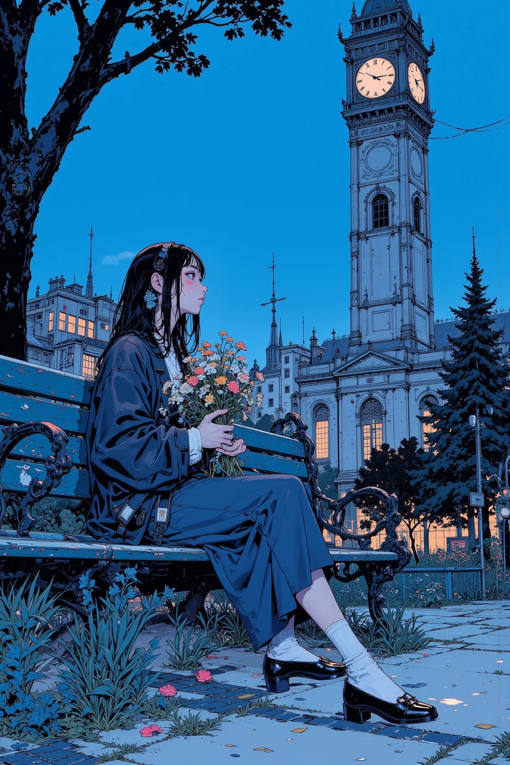 woman sitting on a park bench with a bouquet of flowers,She's looking at the clock tower and waiting for someone,Blue Hour in the Evening,Blue Hour in the Eveningの街を一望できる高台の公園で,CMYK palette,a mix of Conrad Rosette and Shinkai Makoto , Lofi Girl  ,  Amazing Art,anime style cityscape ,   anime still picture anime colored paper  , anime, mamoru hosoda, 90s anime aesthetic ,Kilian Eng. Moebius,  Tom Wesselman Inspired,full color illustration,clean illustration inspired by skiers  ,   Detailed 2D Illustration  ,  Detailed painting by Gouache   , Poster illustration,  2D gouache illustration , Vivid but undersaturated illustrations