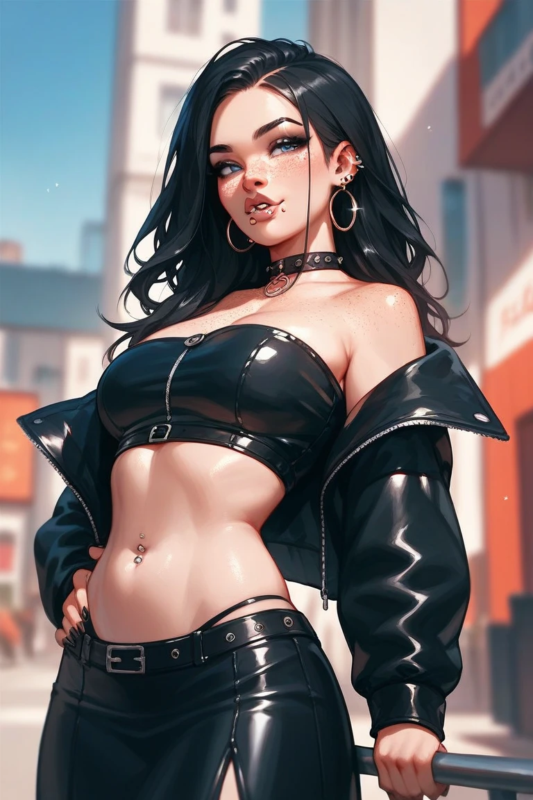 woman with a piercing gaze and bold makeup. She's wearing a leather jacket with a crop top, and her long hair is styled in a sleek updo.