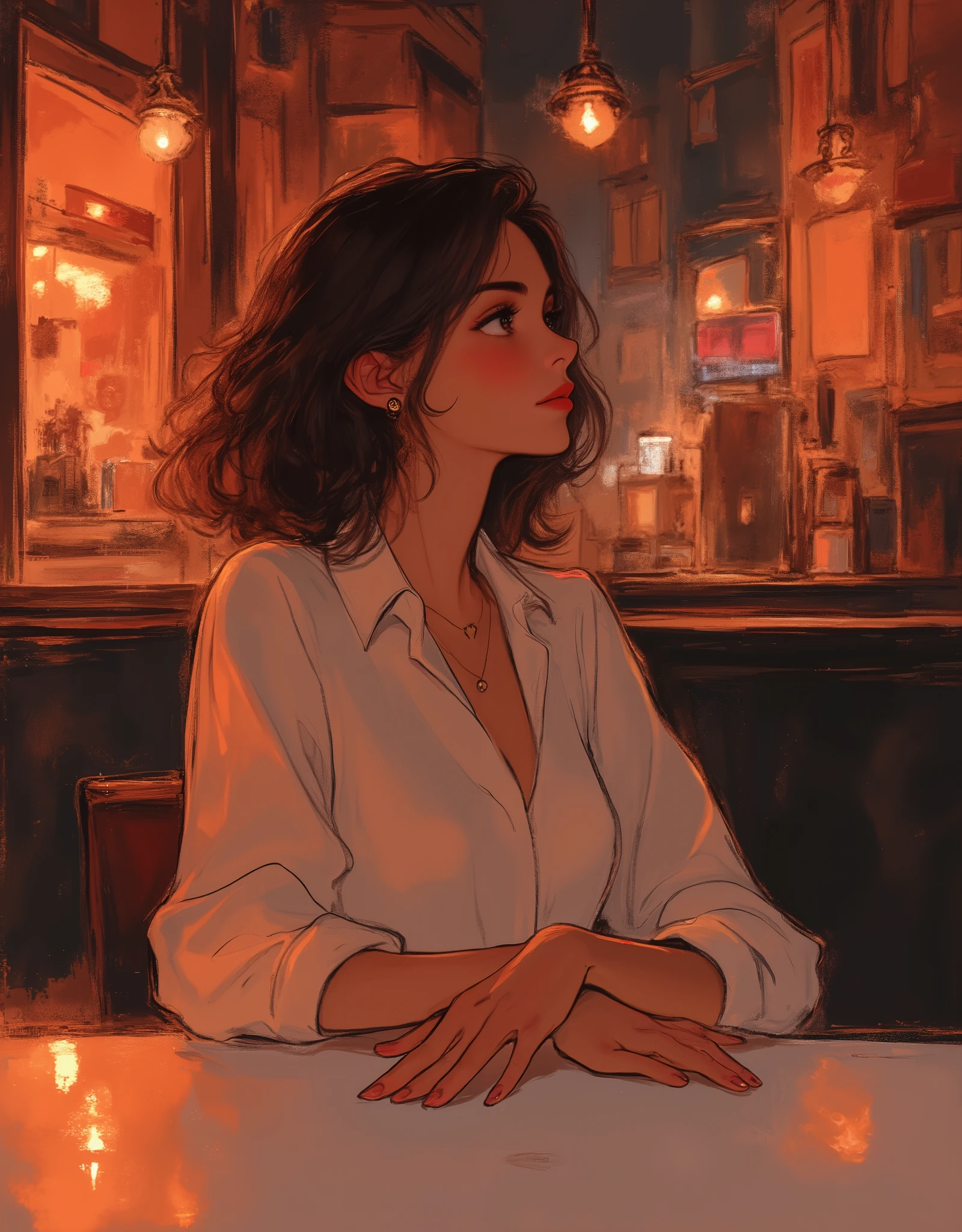 masterpiece, illustration, vector art,Waiting for someone, 1 female,Women meeting up at a cafe, fancy cafe, coffee,urban music, Record Jacket ,Sounds boring,(detailed hands),( beautiful hands )