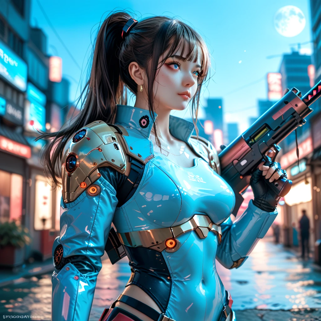 Highest quality, outstanding details, super high resolution, (fidelity: 1.4), best illustration, favor details, hello, IA! highly condensed 1girl, with a delicate and beautiful face, dressed in a light blue mecha, wearing a mecha helmet, holding a direction controller, riding on a motorcycle, the background is a high-tech lighting scene of the future city, mechanical plane, use your imagination, design it