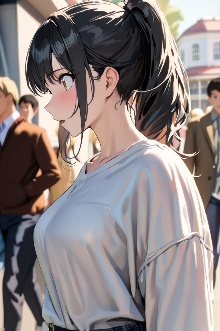 (masterpiece:1.2, top-quality), (realistic, photorealistic:1.4), beautiful illustration, (natural side lighting, movie lighting), depth of fields, (photograph), 
beautiful detailed hair, beautiful detailed face, beautiful detailed eyes, beautiful clavicle, beautiful body, beautiful chest, beautiful thigh, beautiful legs, beautiful fingers, 
looking at viewer, 1 girl, 15 years old, (perfect anatomy, anatomically correct, super detailed skin), perfect face, parfect eyes, cute and symmetrical face, babyface, 
(middle hair, ponytail, sideburns:2.0, black hair), bangs, purple eyes, slant eyes, big eyes, long eye lasher, (large breasts, seductive thighs), slender, white skin, shiny skin, 
(short sleeve white t-shirt, black short pants, gym clothes), sweaty, 
(beautiful scenery), evening, (park:1.2,), holding white towel, (lovery smile, upper eyes, parted lips), 